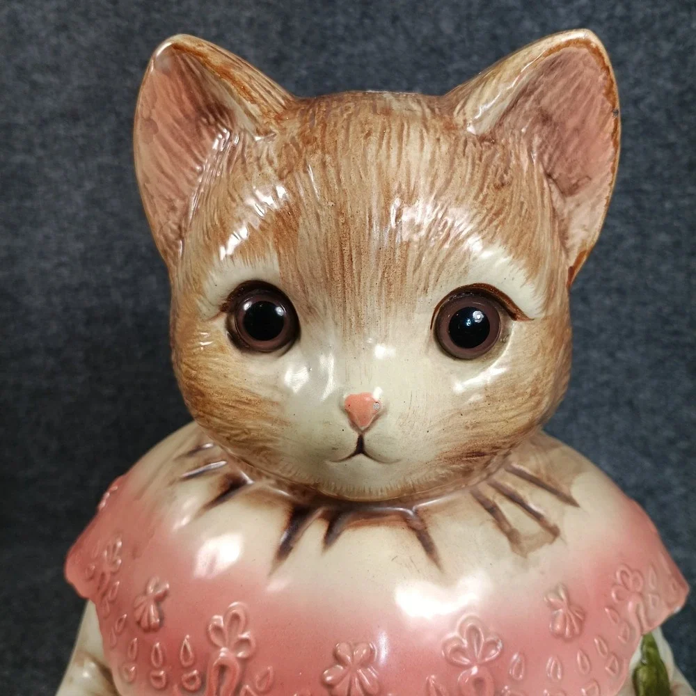 Vintage Cat Cookie Jar Japan Anthropomorphic Ceramic Kitten Pink Book Floral